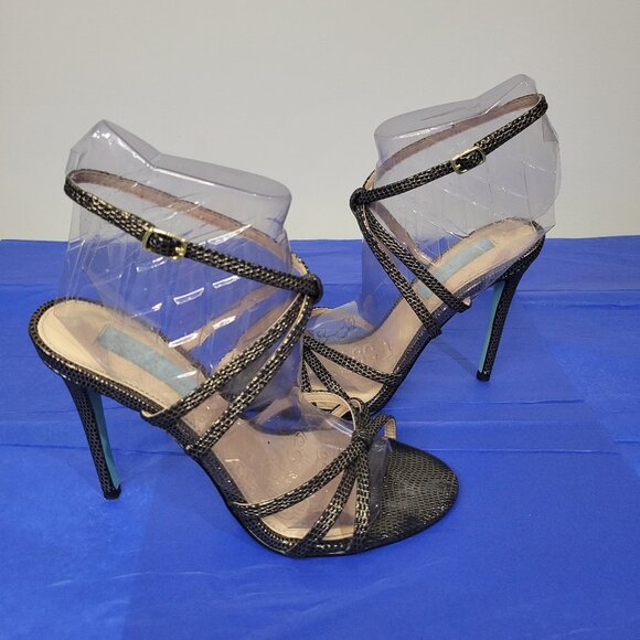 BETSEY JOHNSON Strappy Black & Gold Animal Print Heels - Picture 4 of 14